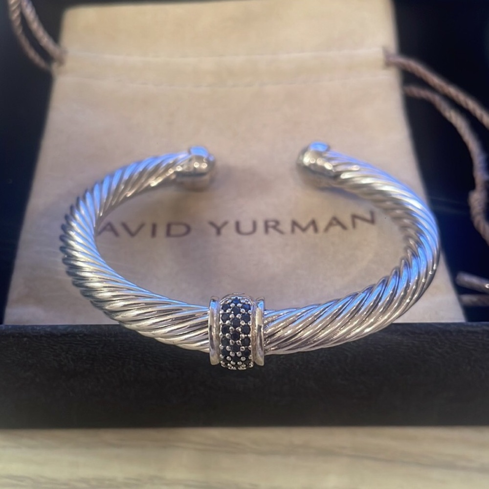 David Yurman Silver Cable Cuff Bracelet with Pave Accent 7mm